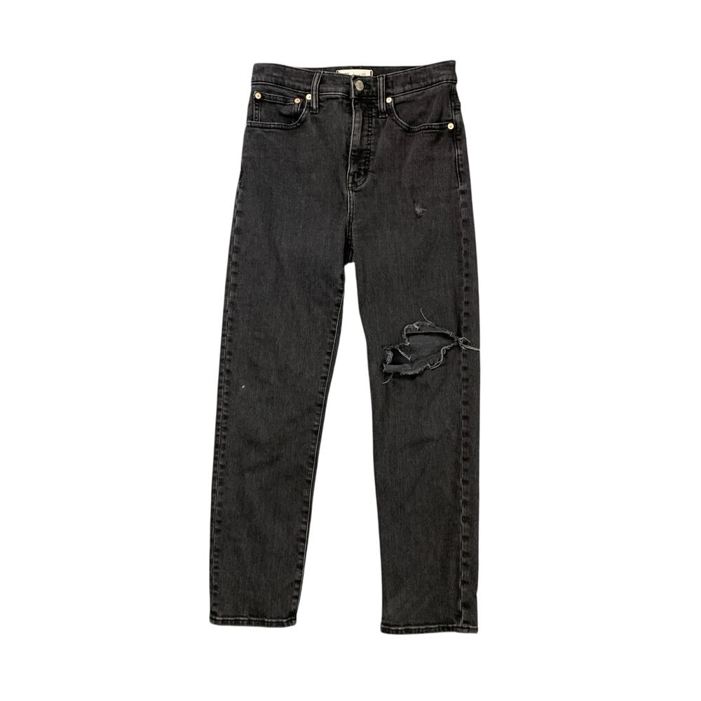 Madewell Jeans Women 25 Faded Black Classic Straight High Rise Busted Knee Denim